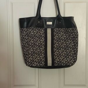 Black and Beige Tommy Hilfiger  Patterned Tote Bag-blue lining
